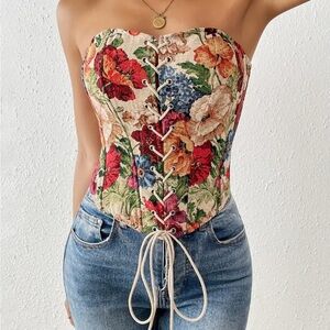 Floral Lace-Up Corset Top